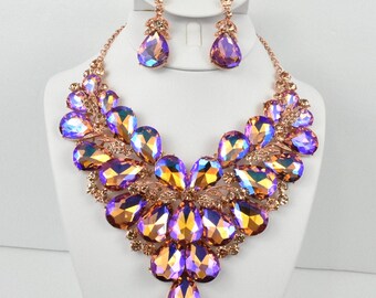 Iridescent Peach large crystal necklace and earrings, ab statement necklace, ab pageant necklace, extra large ab stage necklace