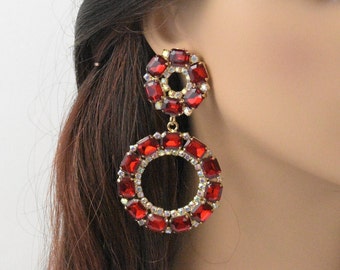 Red/Gold Base Statement crystal rhinestone hoop earrings, bridal earrings, pageant prom earrings, evening large earrings, Earrings