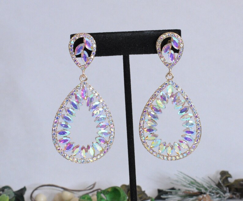 Aurora Borealis Ab Gold Pageant Prom Earrings Crystal Dangle Bridal