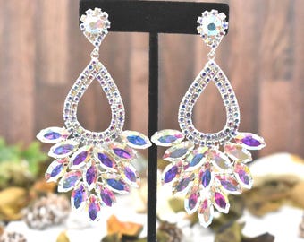 Aurora Borealis/Silver base Large Crystal earrings, Chunky chandelier earrings, Wide Chunky earrings, Oversized huge Costume earrings