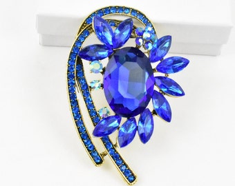 Blue/Gold Floral crystal rhinestone brooch, wedding brooch, Bridal gold brooch, wedding cake accessories, bridal jewelry, cake decoration