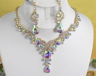 Gold Base/ Crystal Rhinestone Bridal Wedding Necklace and Earrings Jewelry Sets for Women