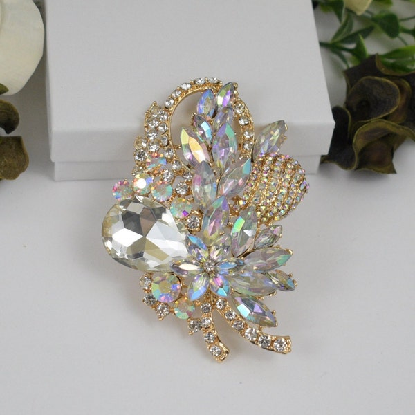 Aurora Borealis Rhinestone Gold Base Brooch, AB Crystal wedding brooch Bridal brooch wedding cake accessories, clutch brooch pin