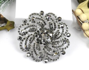 Metallic Gray/Silver Crystal Brooch, Color Rhinestone Brooches for Bouquet, Bridal Brooch, Wedding Cake Brooches, Black Dress Broach