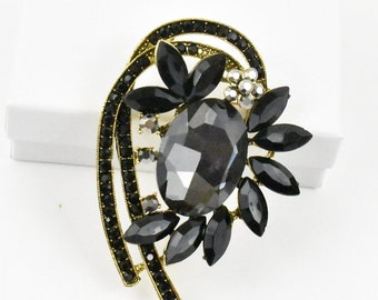 Broche de cristal, broches de pedrería de color negro metálico para ramo, broche nupcial, broches de boda, broche de vestido negro, broches negros