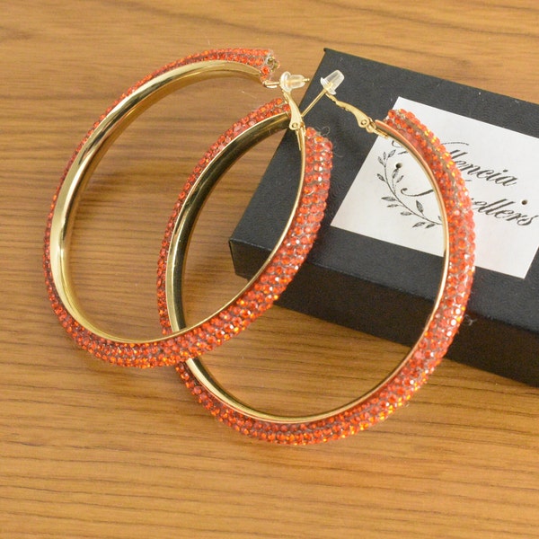 Orange Rhinestone Crystal Hoop earrings Hoop Earrings, hoops, hoops, large Orange rhinestone hoops, pageant hoops, hoops, earrings