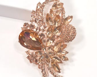 Peach Rhinestone/Rose Gold Base Brooch, Rose Gold Art Deco Broach, Rose Gold Bridal Brooch, Rose Gold Dress Broach, Gold Rhinestone Brooches