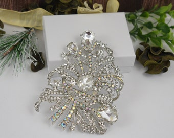 Aurora Borealis & Clear/Silver base Rhinestone Crystal Brooch, Wedding Bridal brooch wedding cake accessories, clutch brooch pin, broach pin