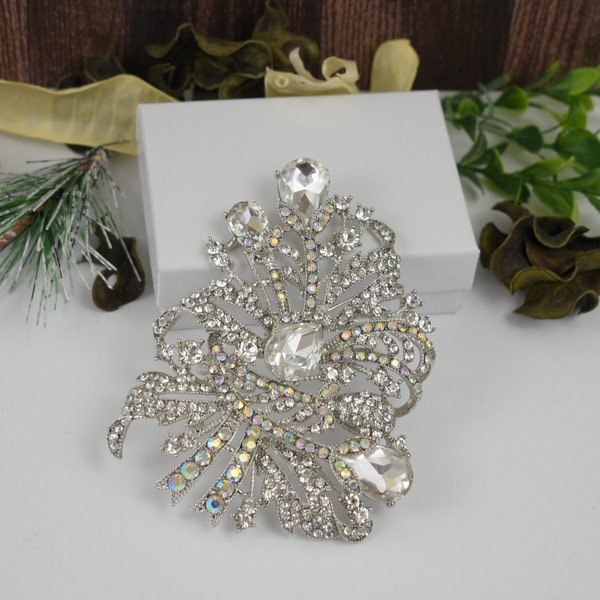 Aurora Borealis & Clear/Silver base Rhinestone Crystal Brooch, Wedding Bridal brooch wedding cake accessories, clutch brooch pin, broach pin