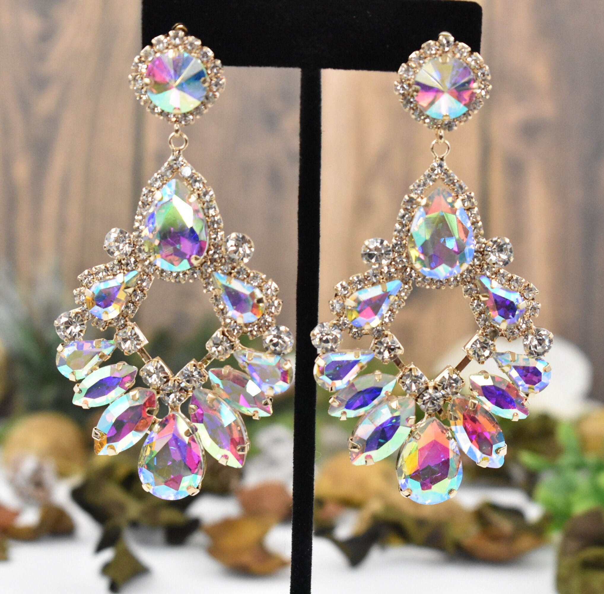 Gold Aurora Borealis Crystal chandelier earrings Bridal | Etsy