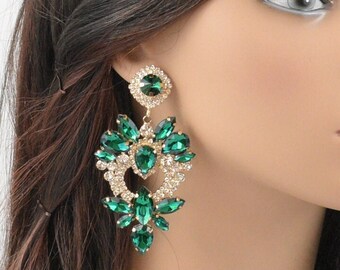 Green/Gold Base Crystal large earrings, Bridal Chunky chandelier earrings, Wide dressy Chunky earrings, Prom Oversized huge Costume earrings