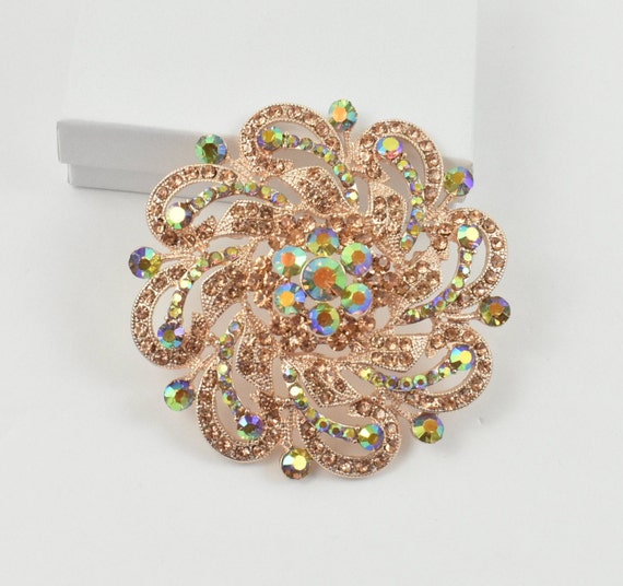 Large Peach Rhinestone Rose Gold Brooch, Sash Brooch, Bridal Brooch, Bouquet Brooches, Crystal Brooch, Rose Gold Wedding Brooch, Brooches