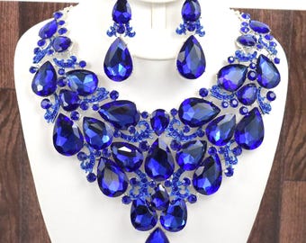 Royal blue statement necklace and earrings set, blue rhinestone prom necklace, blue bridal necklace set, blue crystal prom jewelry