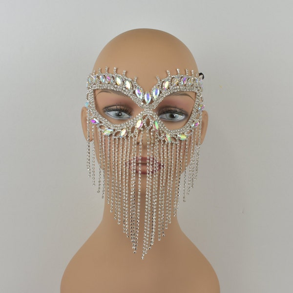 AB Rhinestone Silver Base Masquerade Mask, Wedding mask, Mardi Gras Mask, Queen Mask, New year party mask