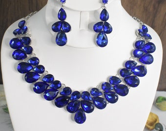 Royal Blue/ Silver Base rhinestone necklace, statement necklace, crystal rhinestone necklace set, holiday necklace set, pageant jewelry