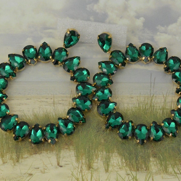 Emerald green/Gold Base Chunky Extra-large hoop earrings, Hoop earrings, rhinestone earrings, Wide Chunky earrings, Oversized huge earrings