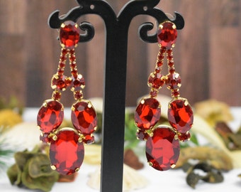 Red chandelier earrings, Red Crystal earrings, Chunky chandelier earrings, Red Wide Chunky earrings, Red rhinestone crystal earrings