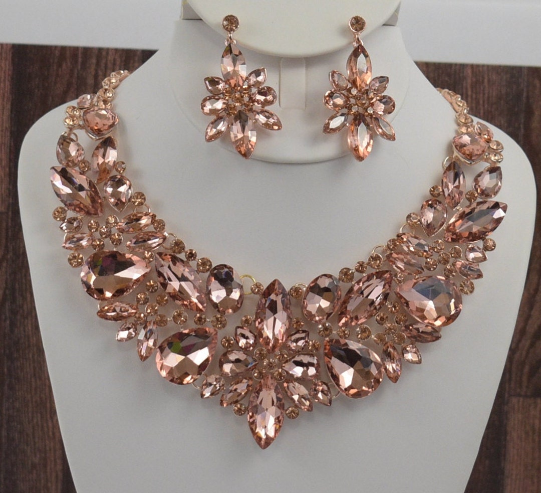 Blush Peach Color Necklace and Earring Set Peach Rhinestone - Etsy