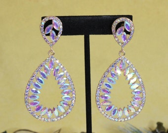 Aurora Borealis (AB)/Gold Pageant Prom Earrings, Crystal Dangle Bridal Earrings, Bridesmaid Earrings, Costume Earrings, Wide Huge Earrings