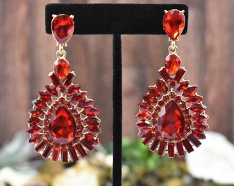 Red chandelier earrings, Red Crystal earrings, Chunky chandelier earrings, Red Wide Chunky earrings, Red Oversized huge earrings