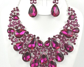 Set Collier Et Bracelet Vintage En Cristal Fuchsia - Bijou Rose Occasion (A73)