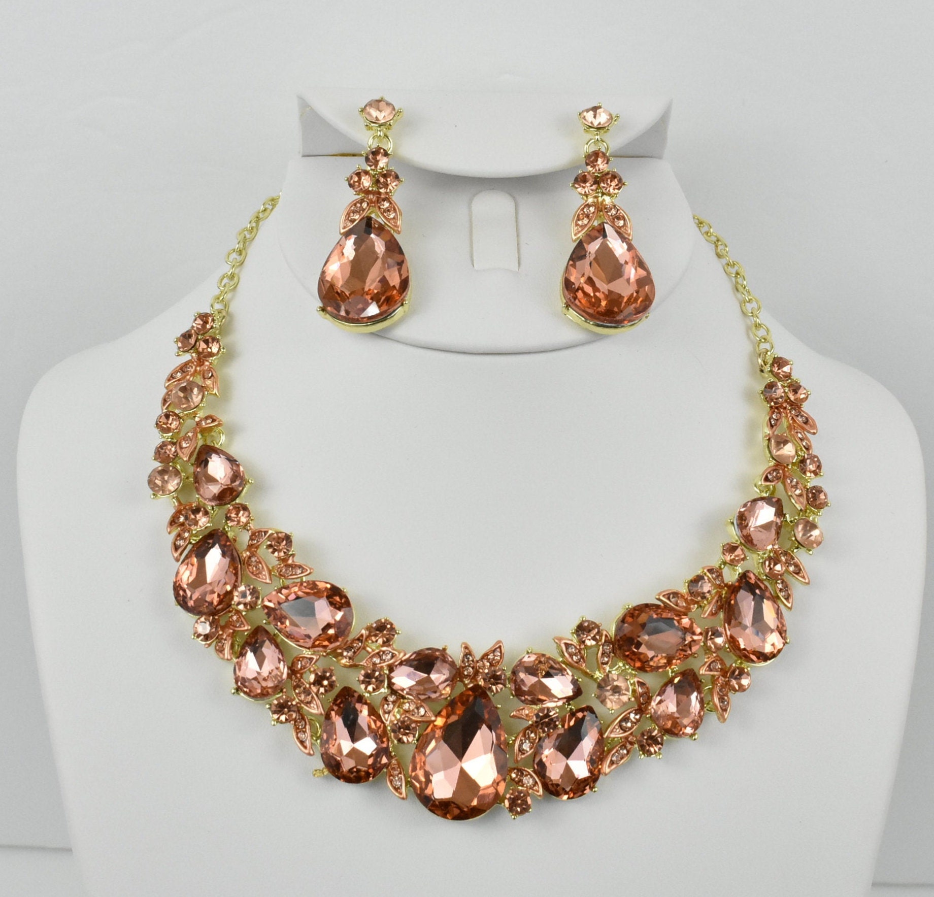 Peach color necklace set peach necklace set peach rhinestone | Etsy
