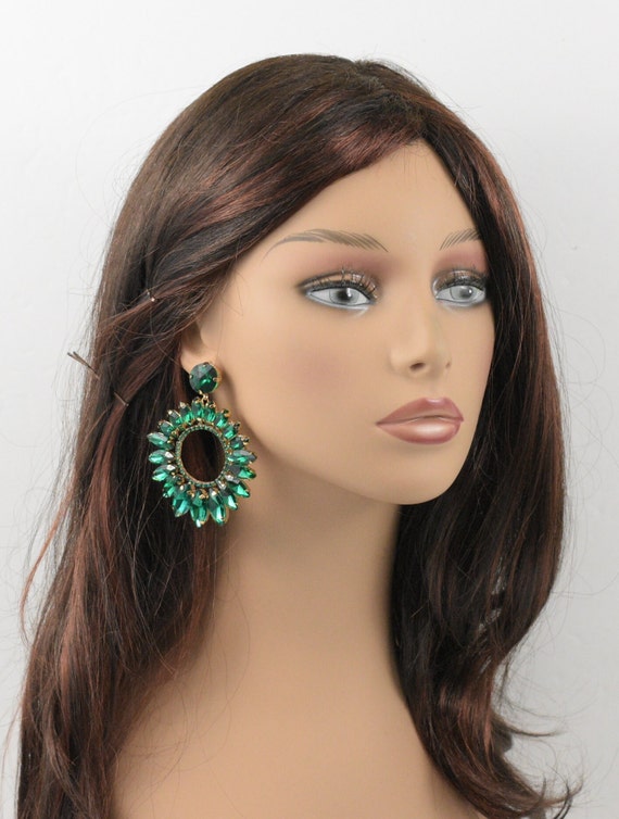 rhinestone earrings Wide Chunky earrings Hoop earrings Oversized huge earrings Emerald green/Gold Base Chunky Extra-large hoop earrings