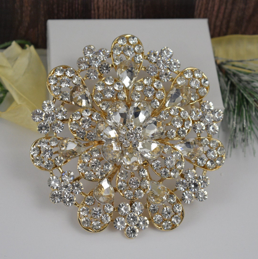 Extra Large Clear Rhinestone Gold base scintillante Broche - Etsy France