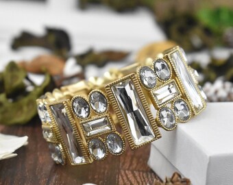 Rhinestone bridal bracelet, Large clear crystal bracelet, Wide prom crystal bracelet, Pageant crystal rhinestone bracelet