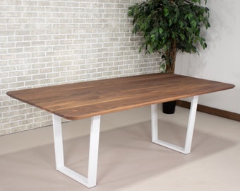 Modern Walnut Dining Table, Walnut Table with MidCentury Edge, Wood Dining Room Table on White Steel Legs