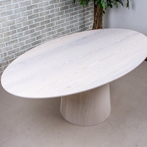 White Oval Table on Wood Cylinder Base, White Wash Wood Dining Table, Modern White Dining Table on Pedestal Base