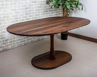 Elegant Walnut Oval Pedestal Dining Table for Kitchen Nook, Banquette Seating & Intimate Gatherings