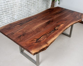 Live Edge Walnut Table, Live Edge Dining Table on Square Steel Legs, Modern Industrial Table