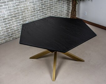 Hexagon Table on Gold Steel Base, Games Night Table, Extendable Ash Table for Board Games