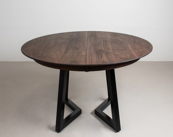 Round Dining Table with Leaves, Expandable Round Wood Table, Walnut Kitchen Table Extendable