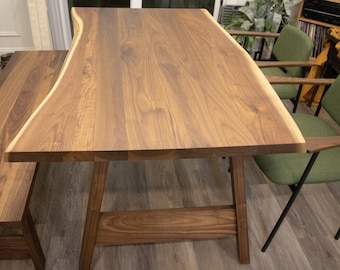 Breakfast Table, Live Edge Walnut Dining Table on Walnut H Legs, Wood Kitchen Table