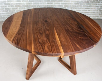 Round Extendable Dining Table, Wood Round Table with Leaf, 48" Round Walnut Table with 2 Leaves, Expandable Round Dining Table Modern