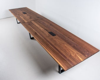 Long Walnut Conference Table, Large Conference Room Table on Steel Legs, Long Wood Boardroom Table