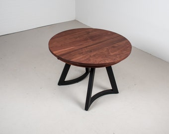 Round Expandable Dining Table, Spiced Walnut Table Top on Black Maple Legs, Modern Wood Dining Table