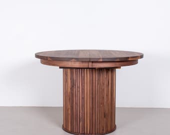 Modern Round Extendable Walnut Table on 3 Piece Fluted Pedestal Base, Seats 4-12 People