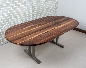 Mid Century Table, Walnut Oval Dining Table on Nickel Legs, Modern Wood Table