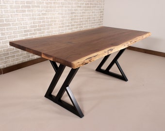 Live Edge Walnut Dining Table, Modern Steel Double Y Legs