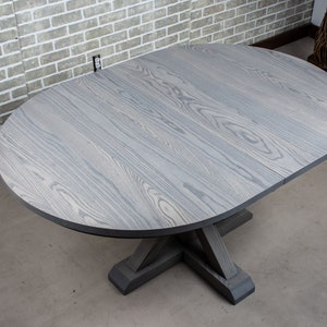 Extending Dining Table in Steel Gray, Ash Wood Dining Table on Custom Wood Base, Extendable Farmhouse Kitchen Table