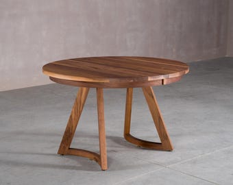 48" Round Extendable Walnut Dining Table, Mid Century Modern