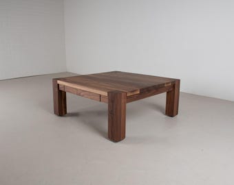 Square Walnut Coffee Table, Modern Wood Table with Storage