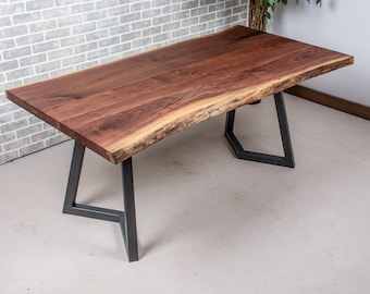 Solid Wood Table, Live Edge Walnut Table on Grey Steel Legs, Natural Edge Dinner Table