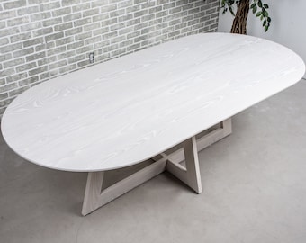 White Wood Table, Large Oval Dining Table, White Ash Dining Table on Pedestal Base, Modern Whitewash Wood Table, White Oval Table in Ash