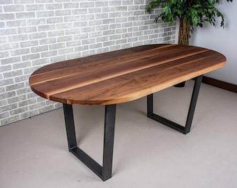 Oval Wood Dining Table, Racetrack Shaped Wood Dinner Table, Natural Walnut Kitchen Table on Steel Legs