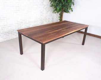 Walnut Parson Dining Table on Burnt Penny Steel Base, Walnut Dining Table on Colored Steel Base, Steel Parsons Dining Table