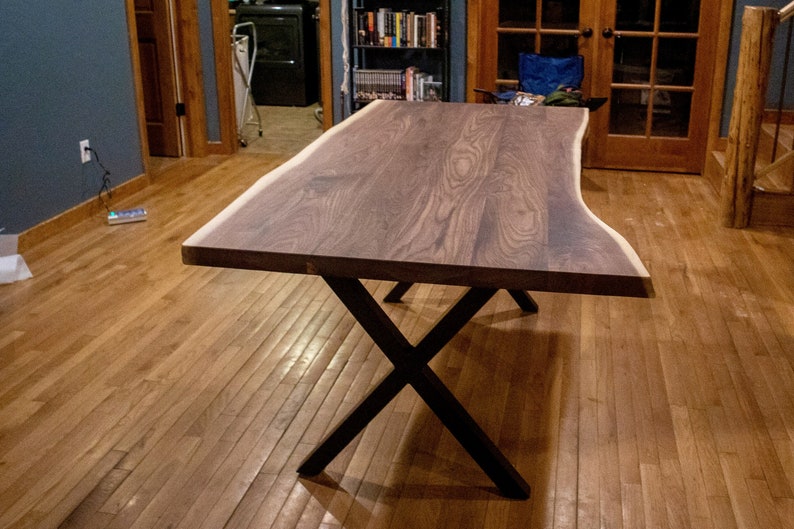 Live Edge Wood Table, Live Edge Dining Table, Live Edge Walnut Table on Steel X Legs 